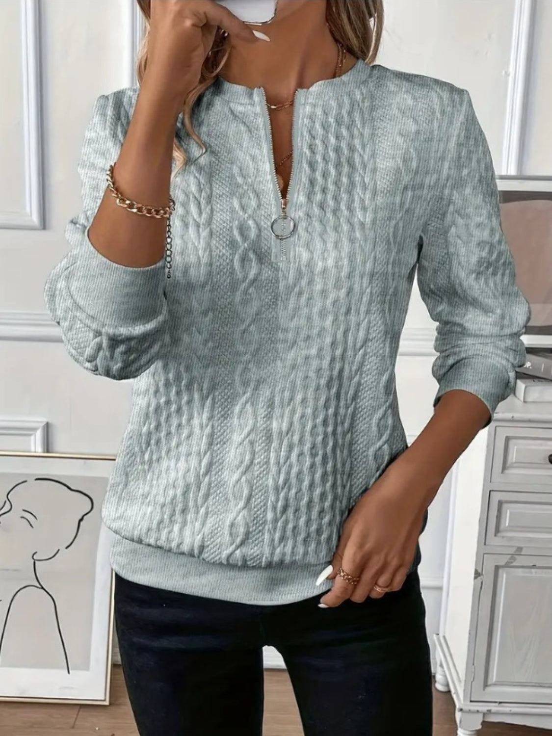 Sweatshirt för damer – halv dragkedja med textur i mjuk och stilren design
