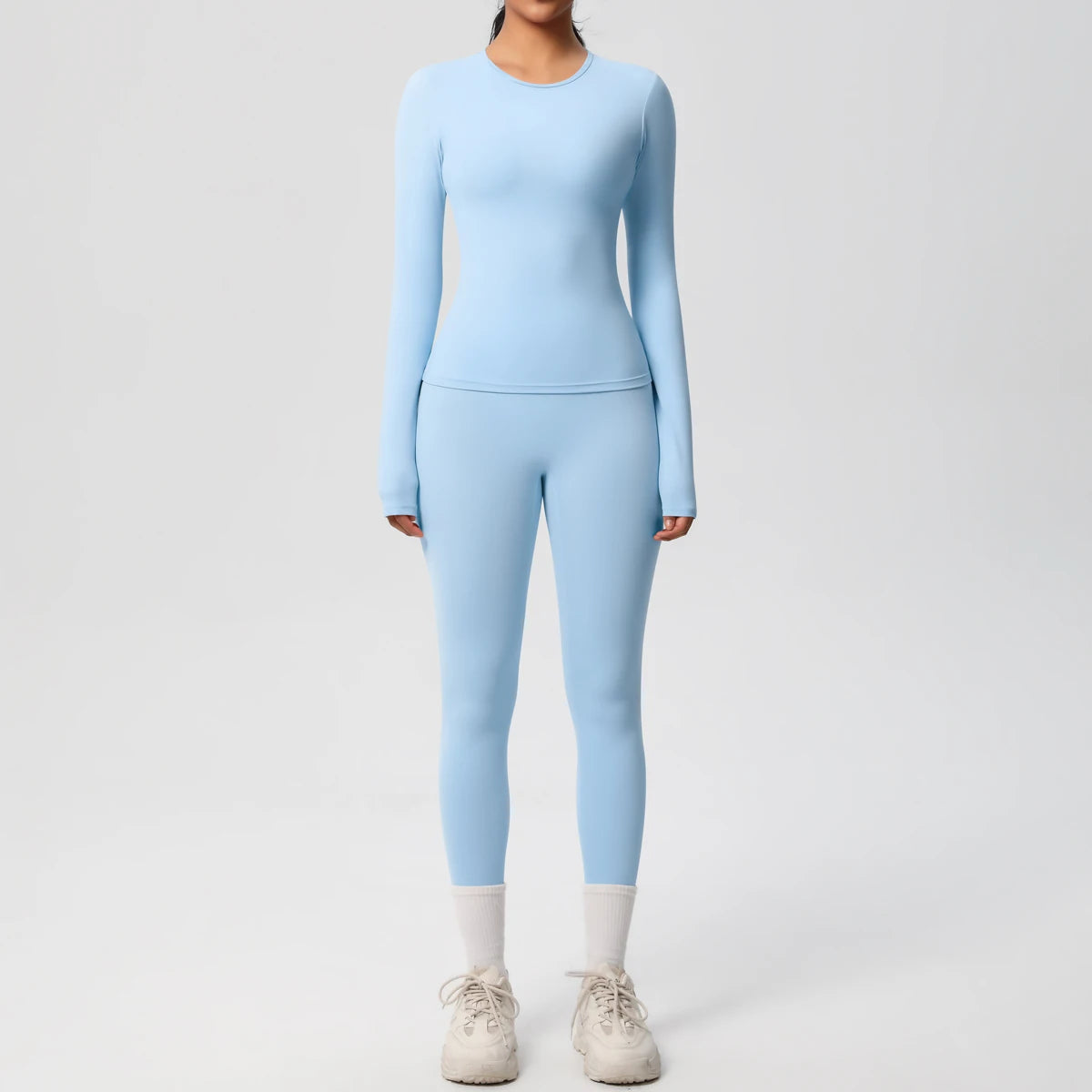 Tvådelat Träningsset för Dam – Långärmad Crop Top och Höga Midjeleggings