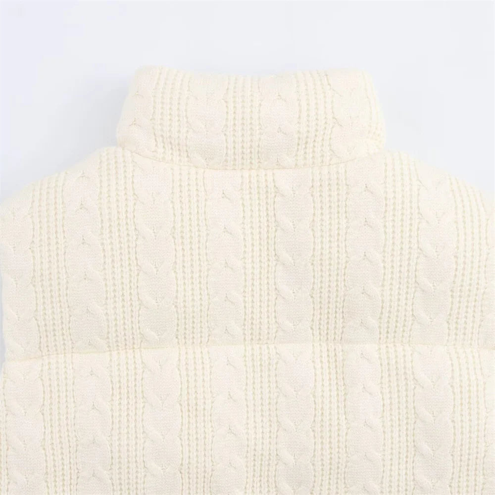 Stickad väst för dam – bomullsväst med ståkrage och dragkedjedetaljer