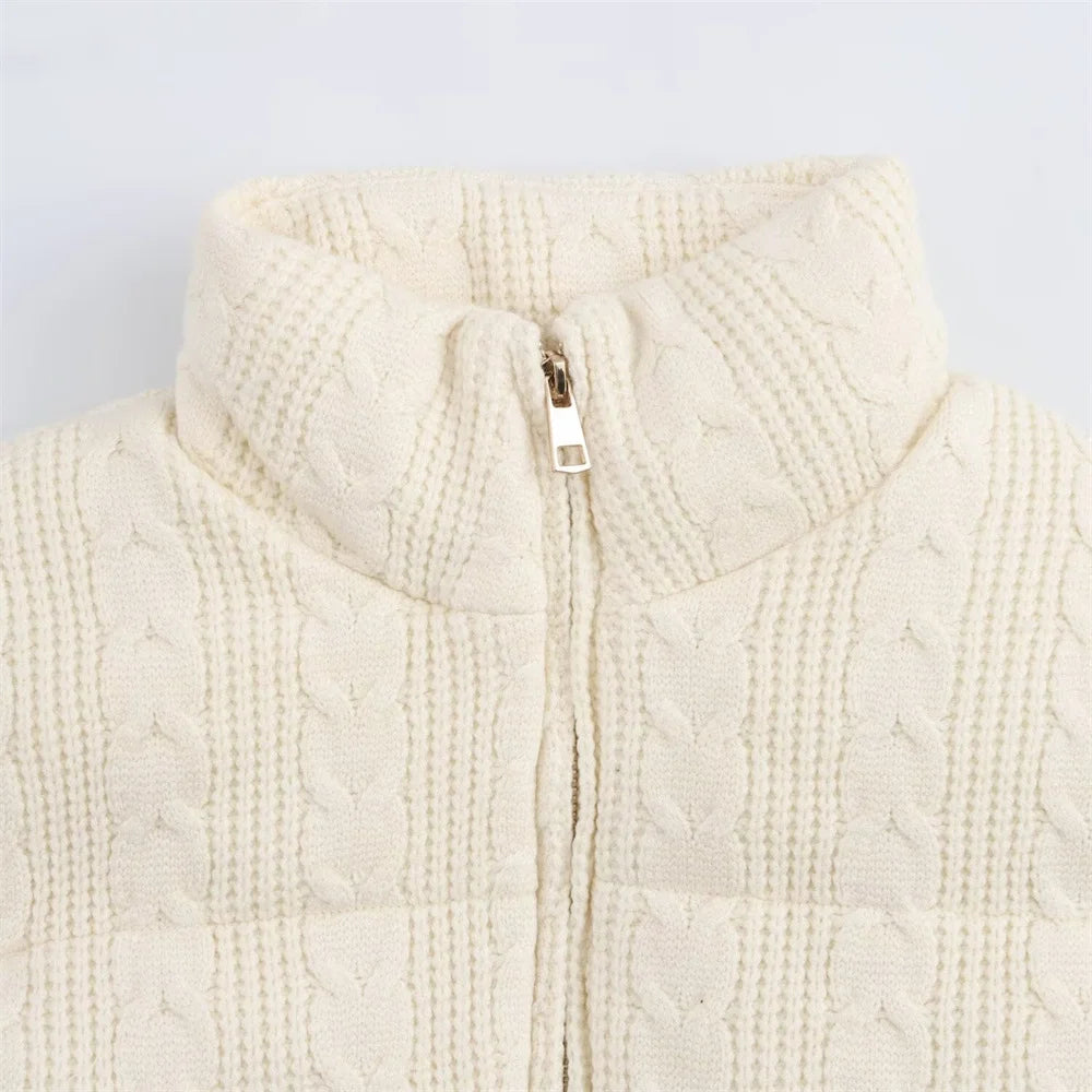 Stickad väst för dam – bomullsväst med ståkrage och dragkedjedetaljer