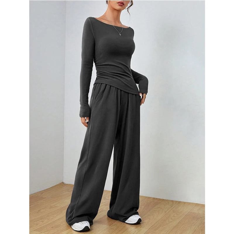 Tvådelat Set för Dam – Långärmad T-shirt med Rund Hals och Vida Byxor med Fickor