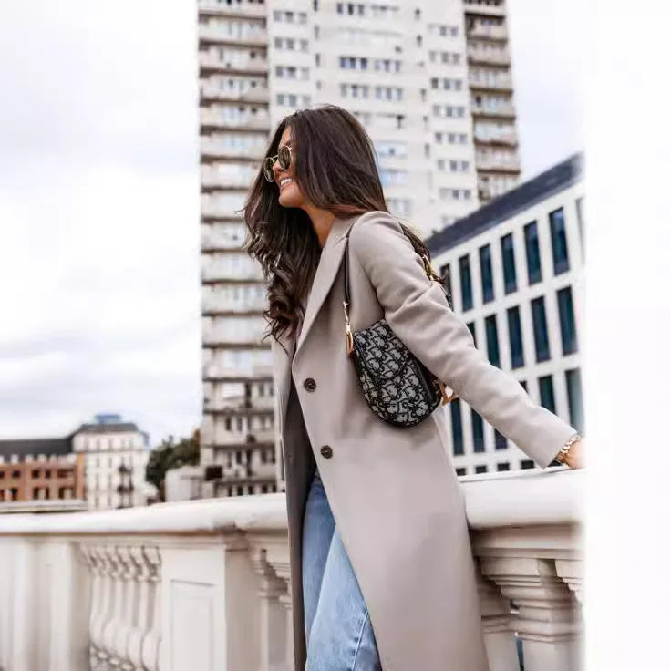 Trenchcoat för Dam – Elegant Ullblandad Kappa med Klassisk Reverskrage för Höst och Vinter