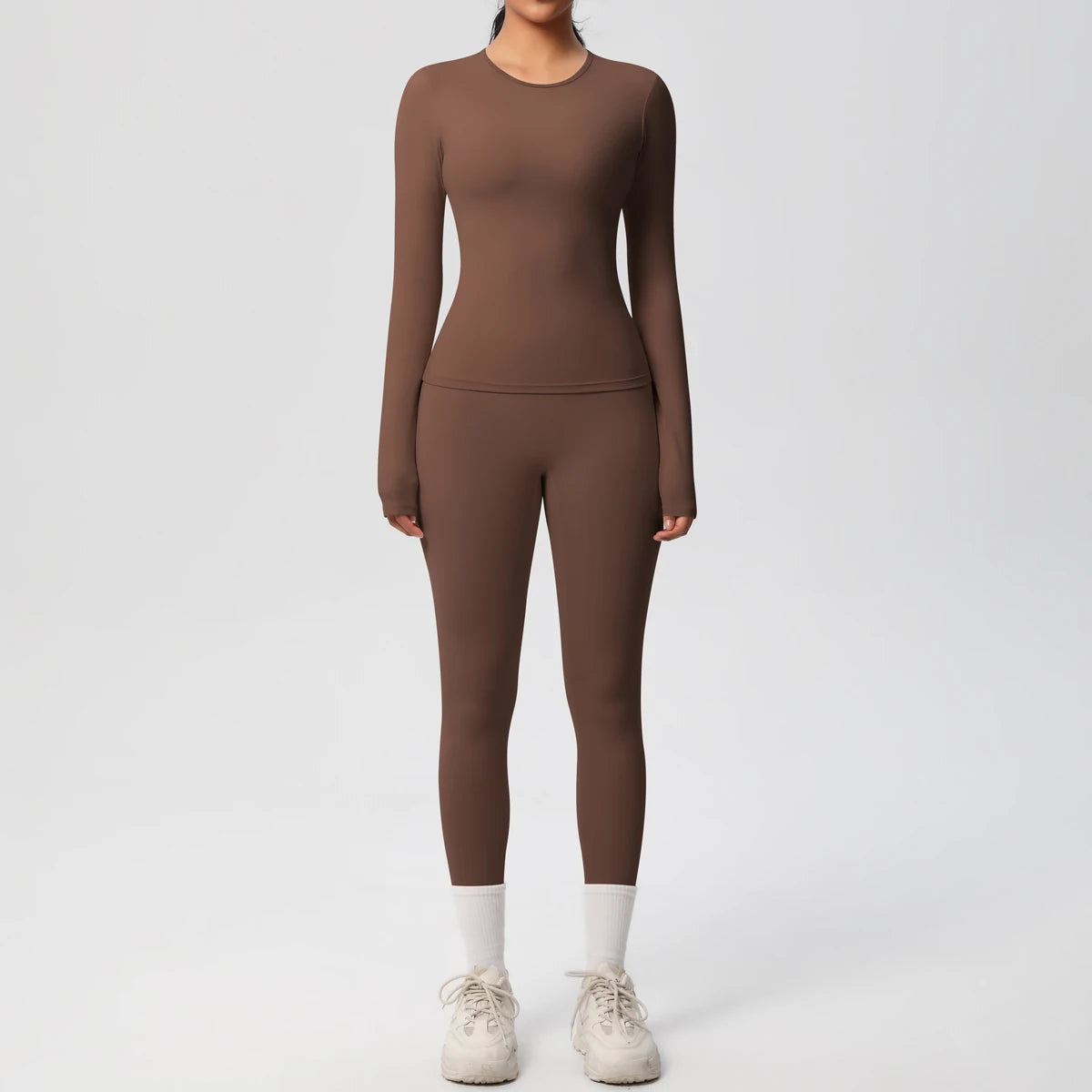 Tvådelat Träningsset för Dam – Långärmad Crop Top och Höga Midjeleggings