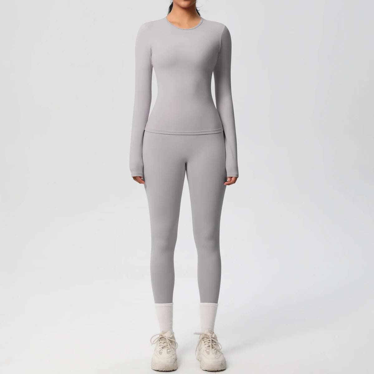 Tvådelat Träningsset för Dam – Långärmad Crop Top och Höga Midjeleggings