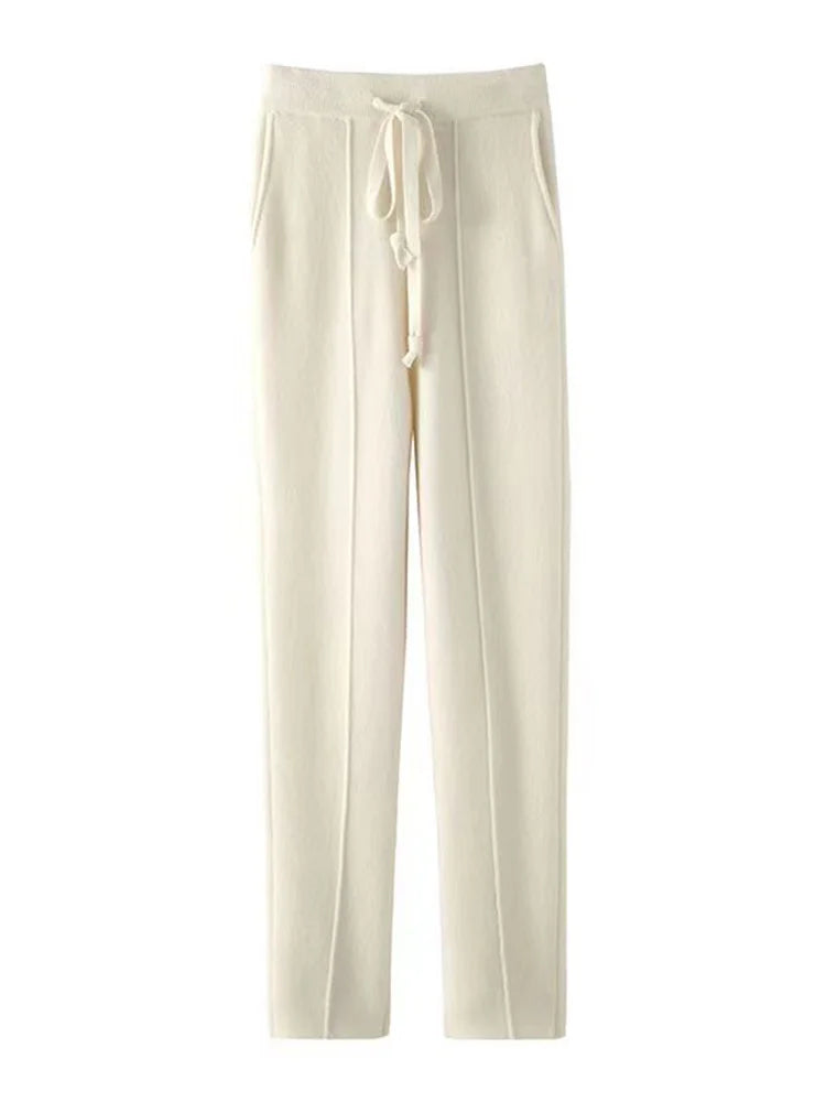 Stickade byxor för dam – 100% kashmir, mjuka och lösa pennbyxor i tidlös design