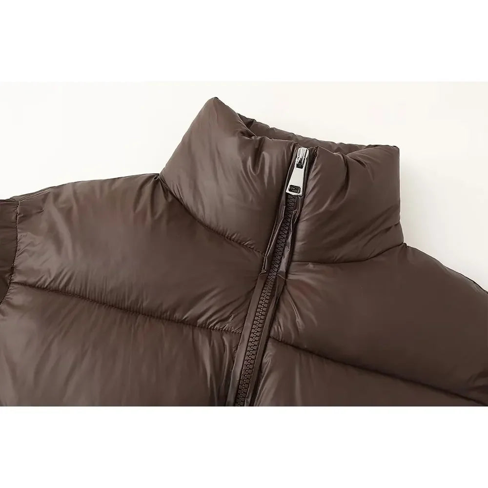 Vinterjacka för Dam – Brun Varm Jacka med Hög Krage och Lång Ärmar i Casual Stil